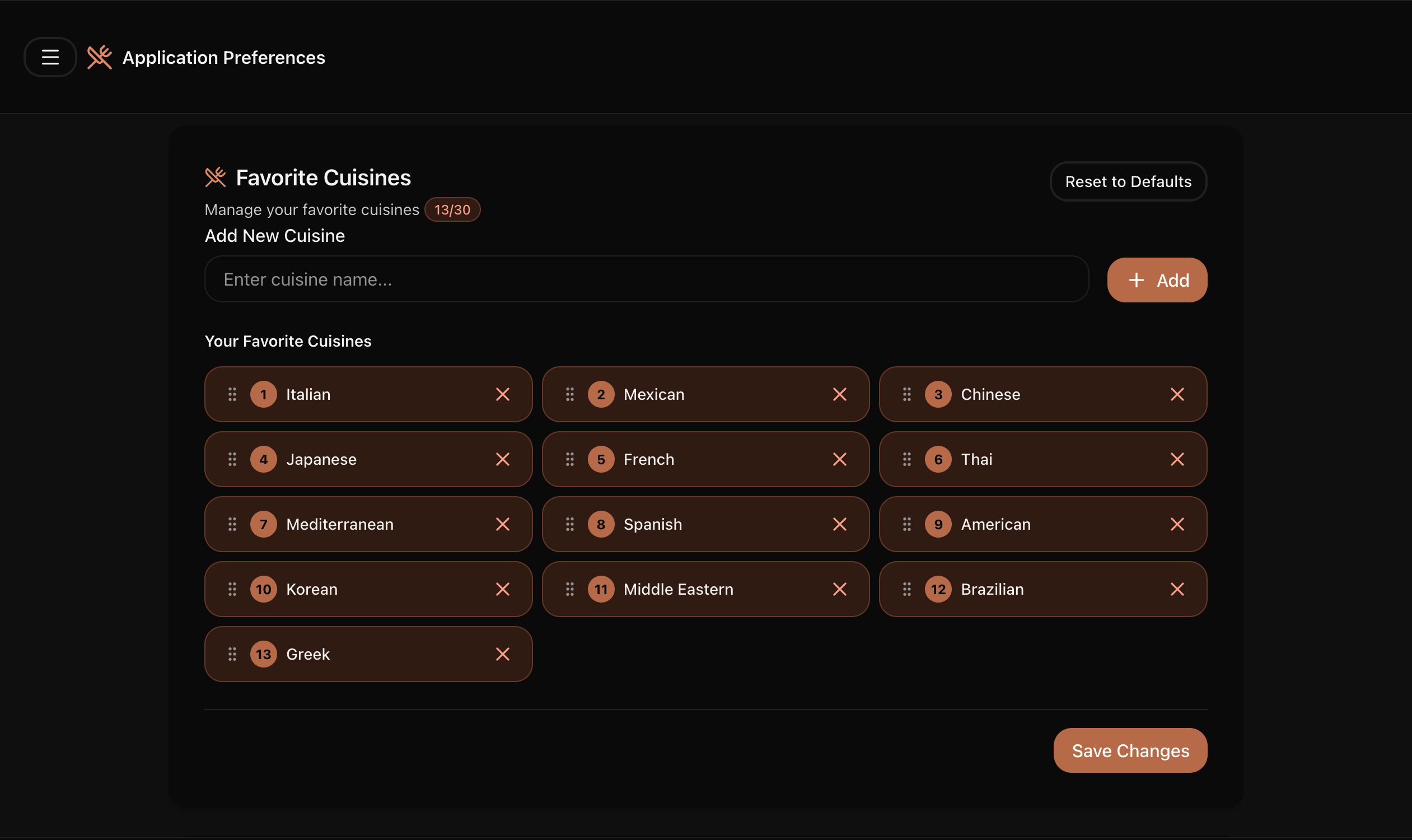 Recipe preferences settings showing dietary restrictions, favorite cuisines, ingredients to avoid, and family food preferences