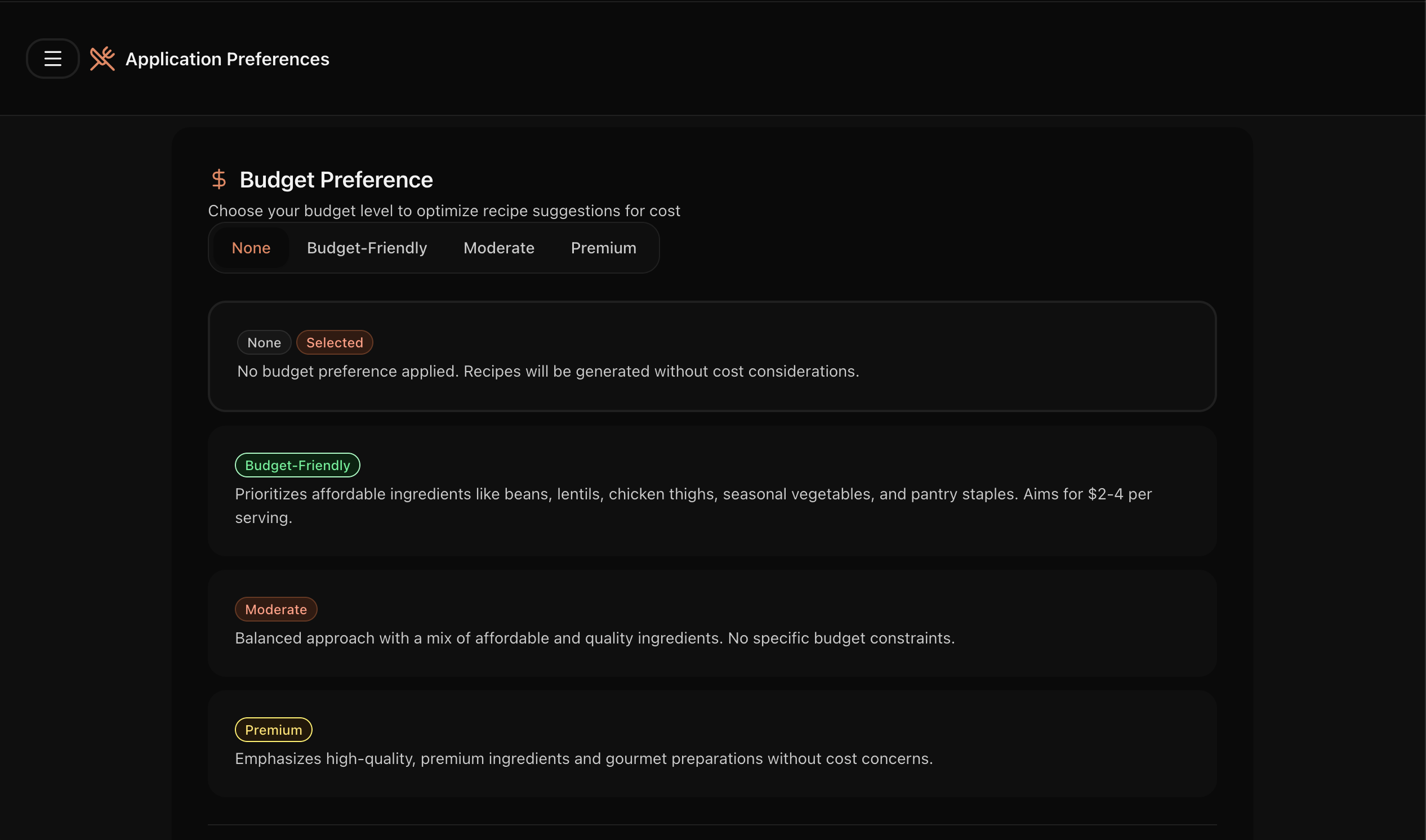 Budget-friendly recipe filters showing cost estimates per serving and affordable ingredient alternatives for family meals