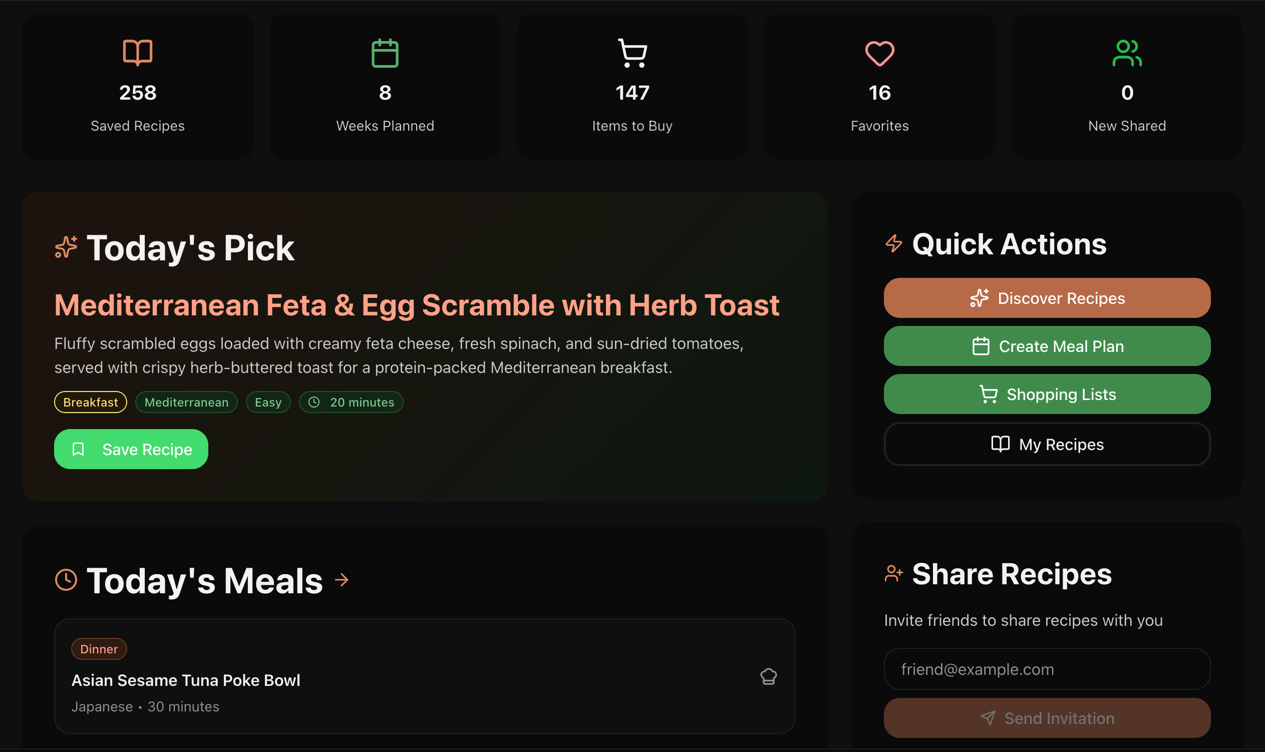 Taistful AI dashboard showing upcoming meals, meal planning progress, favorite recipes, and quick access to meal planning features