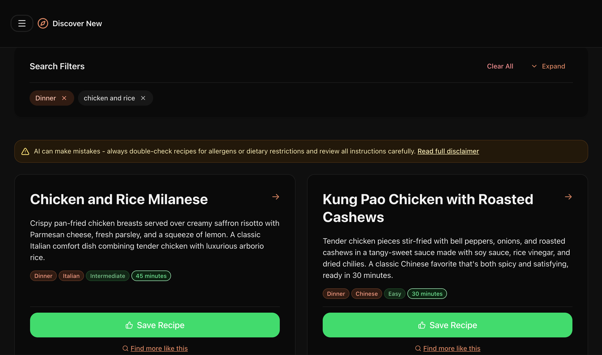 AI-powered recipe discovery showing personalized recipe suggestions tailored to family preferences, dietary needs, and favorite cuisines