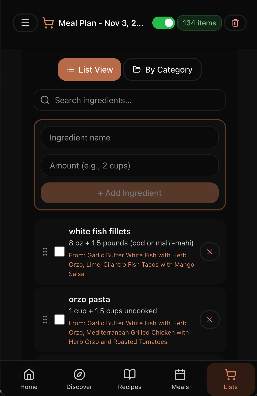 Mobile shopping list organized by category with ingredients grouped for efficient in-store grocery shopping